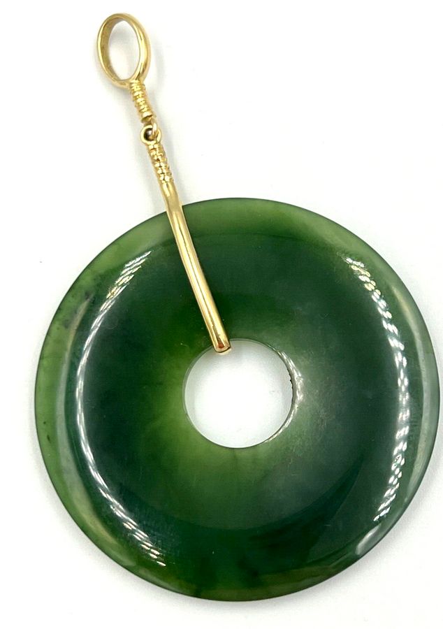 Antique Antique Chinese Art Deco Large Jade Disk Pendant With 18CT Gold Mounting & Ring