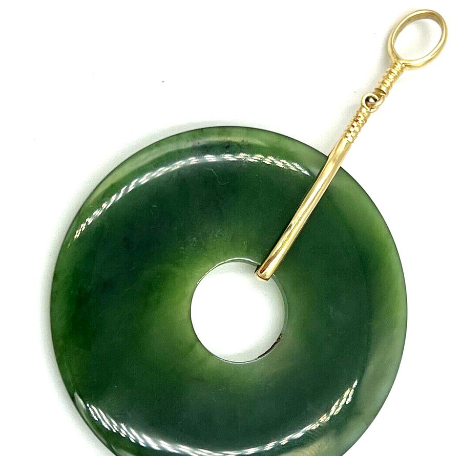 Antique Antique Chinese Art Deco Large Jade Disk Pendant With 18CT Gold Mounting & Ring