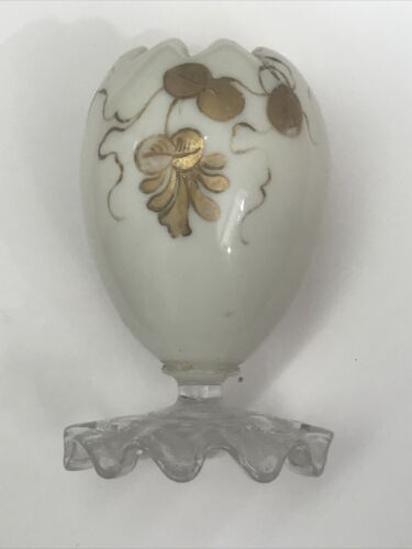 Antique Victorian Hand-painted Hand   Blown Milk Glass Posy Holder