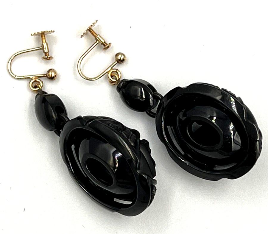 Antique Victorian Earrings 9CT Gold Whitby Jet Hand Carved Dangle Screw Back Antique