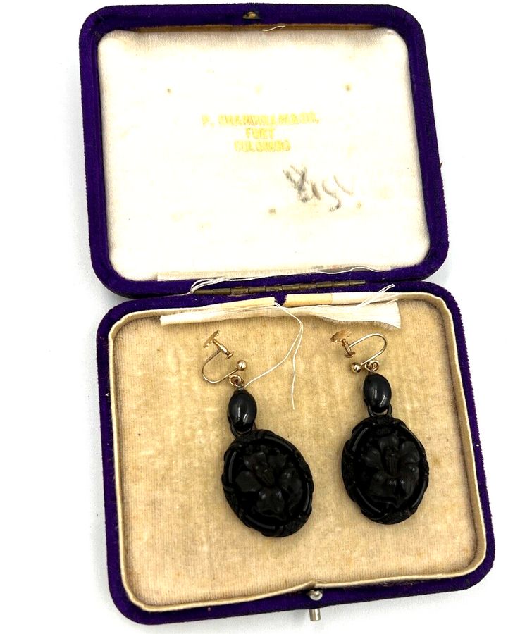 Antique Victorian Earrings 9CT Gold Whitby Jet Hand Carved Dangle Screw Back Antique