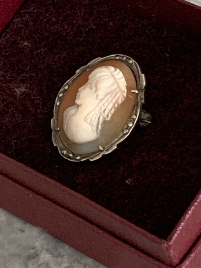 Antique Antique Hand Carved Shell Cameo Brooch Pendant  Solid Silver Mount Italian