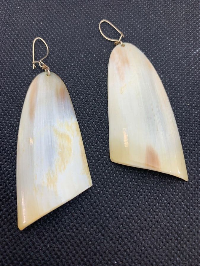 Antique Art Deco Long Shell Earrings Hand Cut Mother of Pearl Pierced Ears