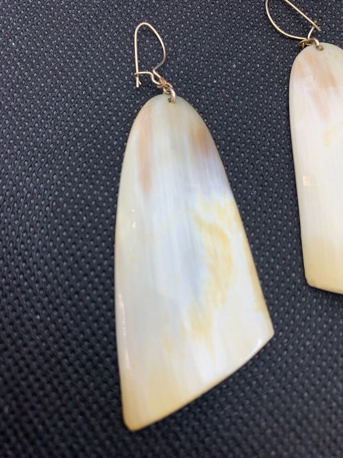 Antique Antique Art Deco Long Shell Earrings Hand Cut Mother of Pearl Pierced Ears