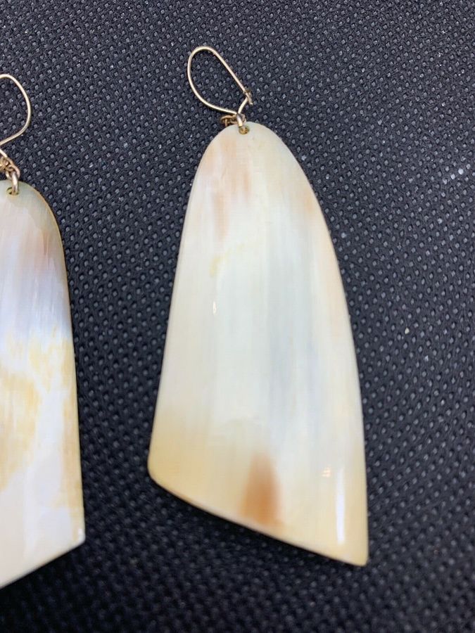 Antique Antique Art Deco Long Shell Earrings Hand Cut Mother of Pearl Pierced Ears