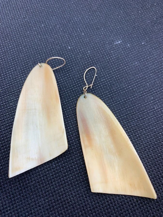 Antique Antique Art Deco Long Shell Earrings Hand Cut Mother of Pearl Pierced Ears