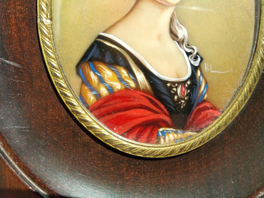 Antique Miniature oil painting 19th signed HIL, portrait of an elegant woman