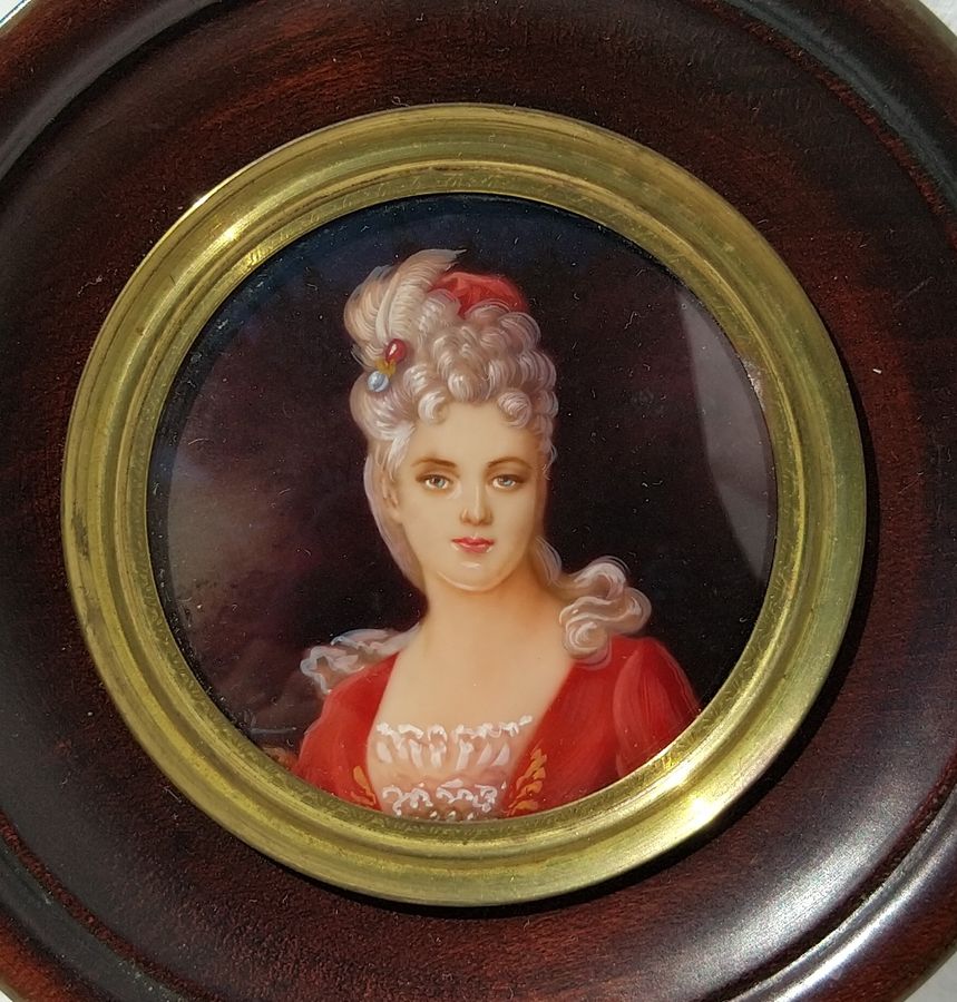 Antique Miniature oil painting 19th signed HIL, portrait of a young woman