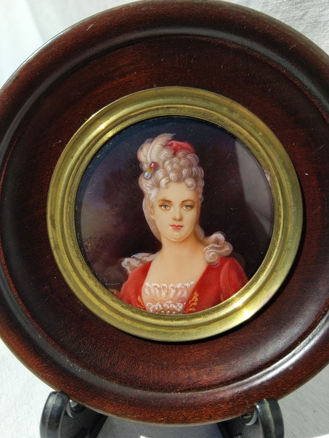 Antique Miniature oil painting 19th signed HIL, portrait of a young woman