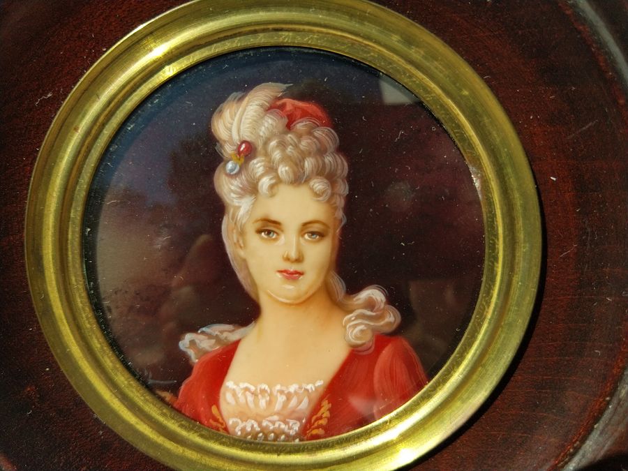 Antique Miniature oil painting 19th signed HIL, portrait of a young woman