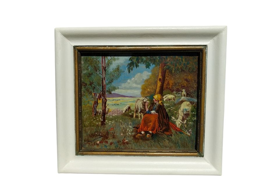 Antique Oil painting by MUDEL, shepherdess and her sheep, CIRCA 1940