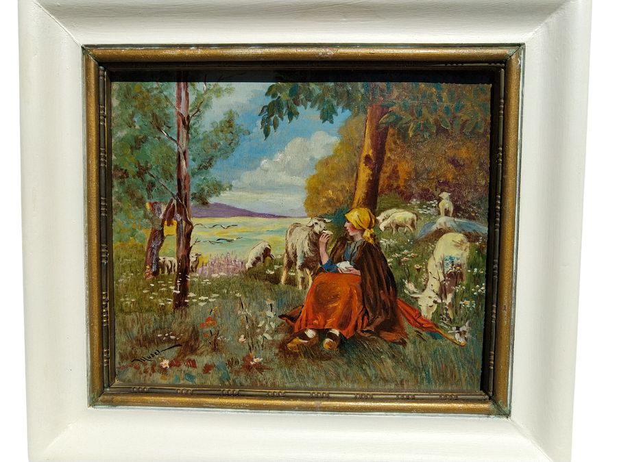 Oil painting by MUDEL, shepherdess and her sheep, CIRCA 1940