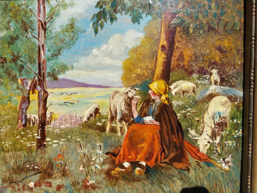 Antique Oil painting by MUDEL, shepherdess and her sheep, CIRCA 1940