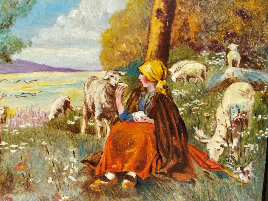 Antique Oil painting by MUDEL, shepherdess and her sheep, CIRCA 1940