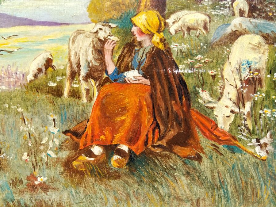 Antique Oil painting by MUDEL, shepherdess and her sheep, CIRCA 1940