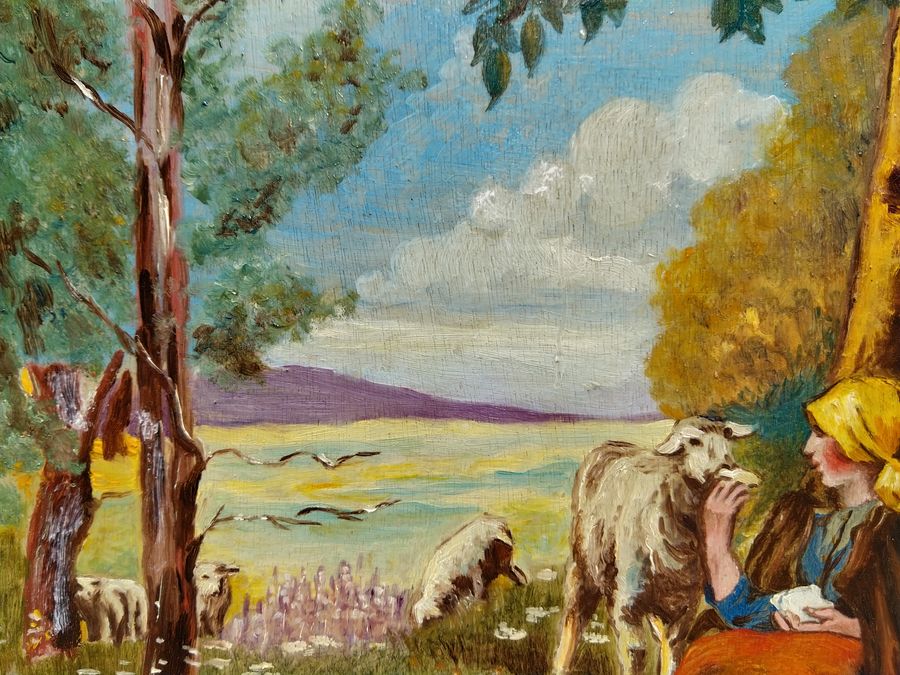 Antique Oil painting by MUDEL, shepherdess and her sheep, CIRCA 1940