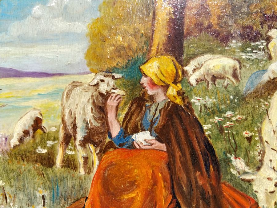 Antique Oil painting by MUDEL, shepherdess and her sheep, CIRCA 1940