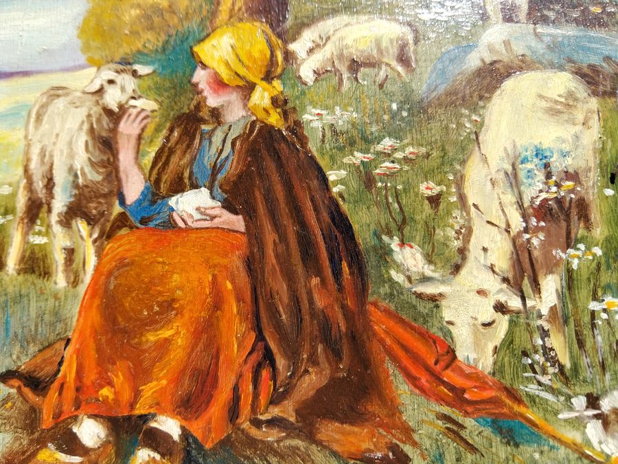 Antique Oil painting by MUDEL, shepherdess and her sheep, CIRCA 1940