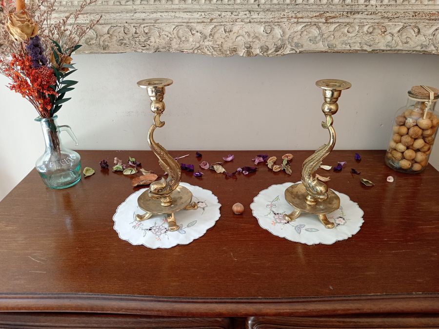 Antique Superb pair of gilt bronze and carved dolphin body candlesticks, 1960s