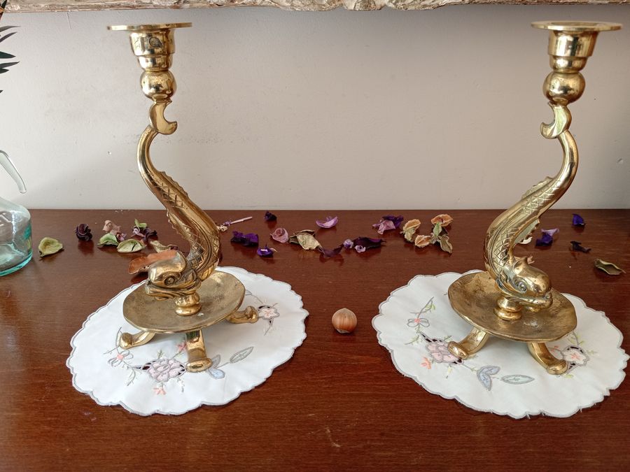 Antique Superb pair of gilt bronze and carved dolphin body candlesticks, 1960s