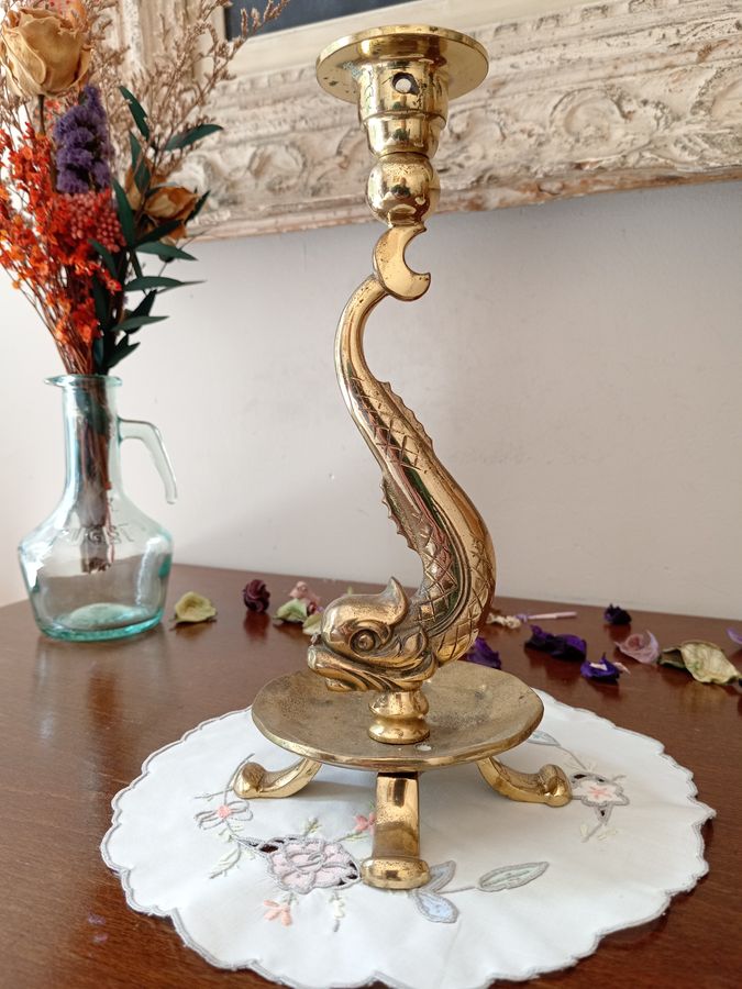 Superb pair of gilt bronze and carved dolphin body candlesticks, 1960s