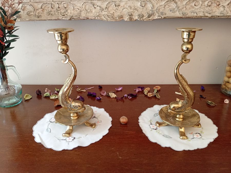 Antique Superb pair of gilt bronze and carved dolphin body candlesticks, 1960s