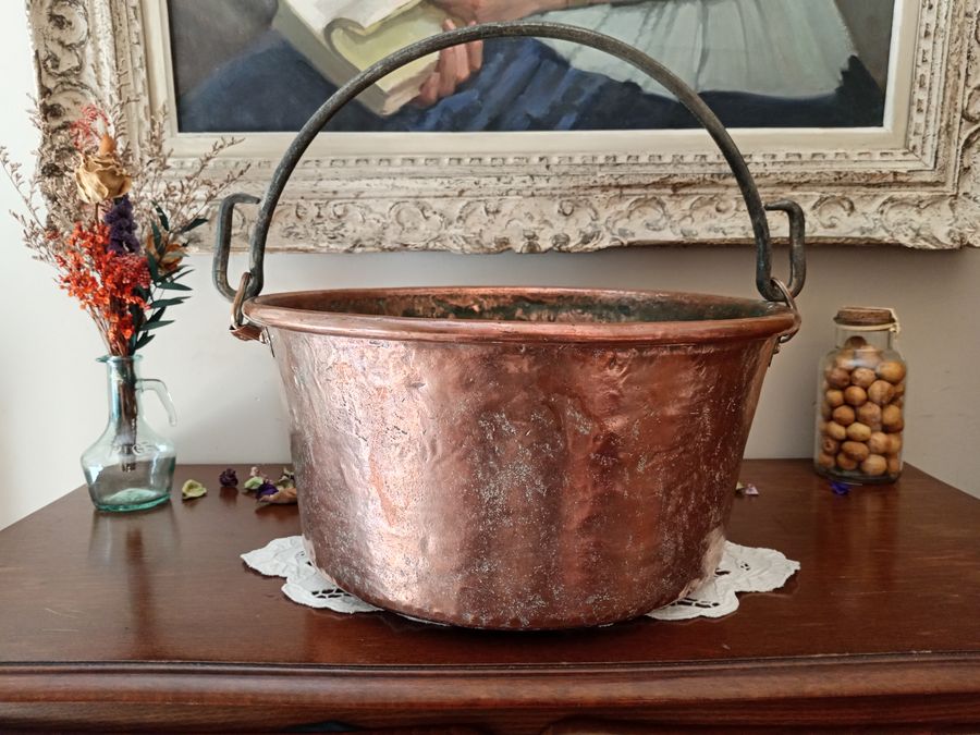 Antique Large antique copper pot 3.5 kg handmade, wrought iron handle