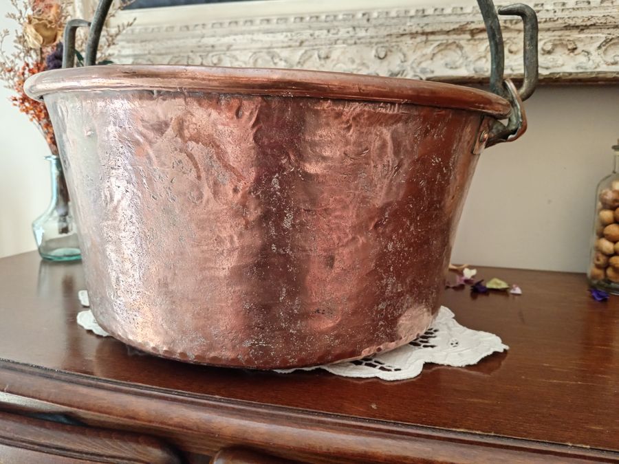 Antique Large antique copper pot 3.5 kg handmade, wrought iron handle