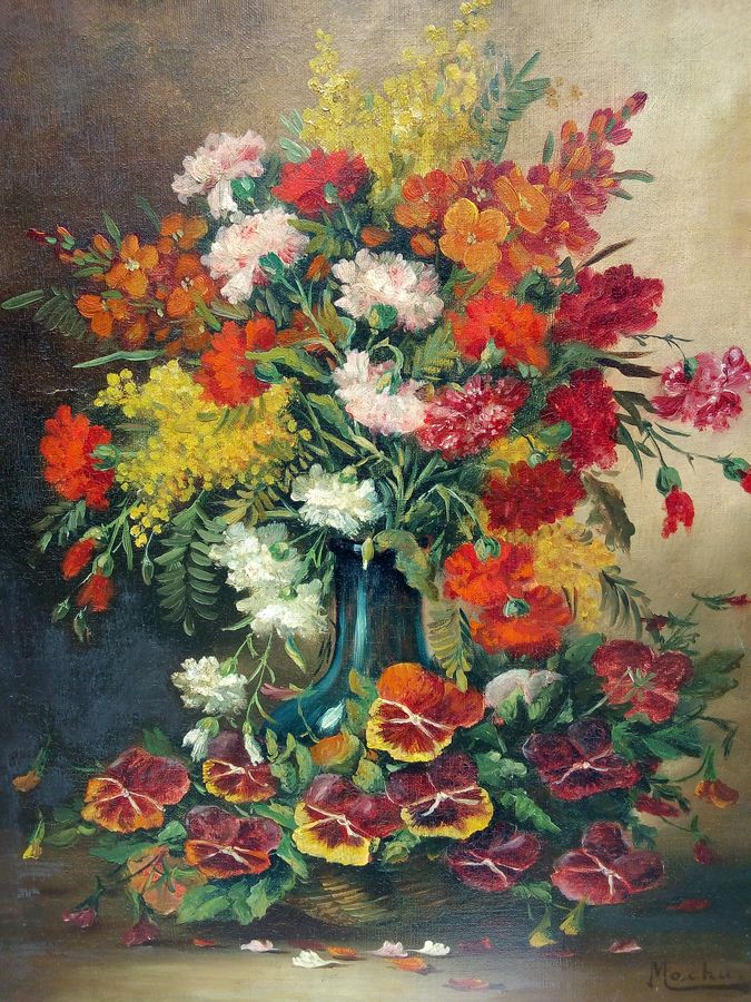 Antique Antique oil painting on canvas, bouquet of flowers, signed, 19th