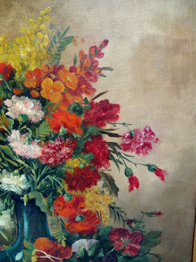 Antique Antique oil painting on canvas, bouquet of flowers, signed, 19th