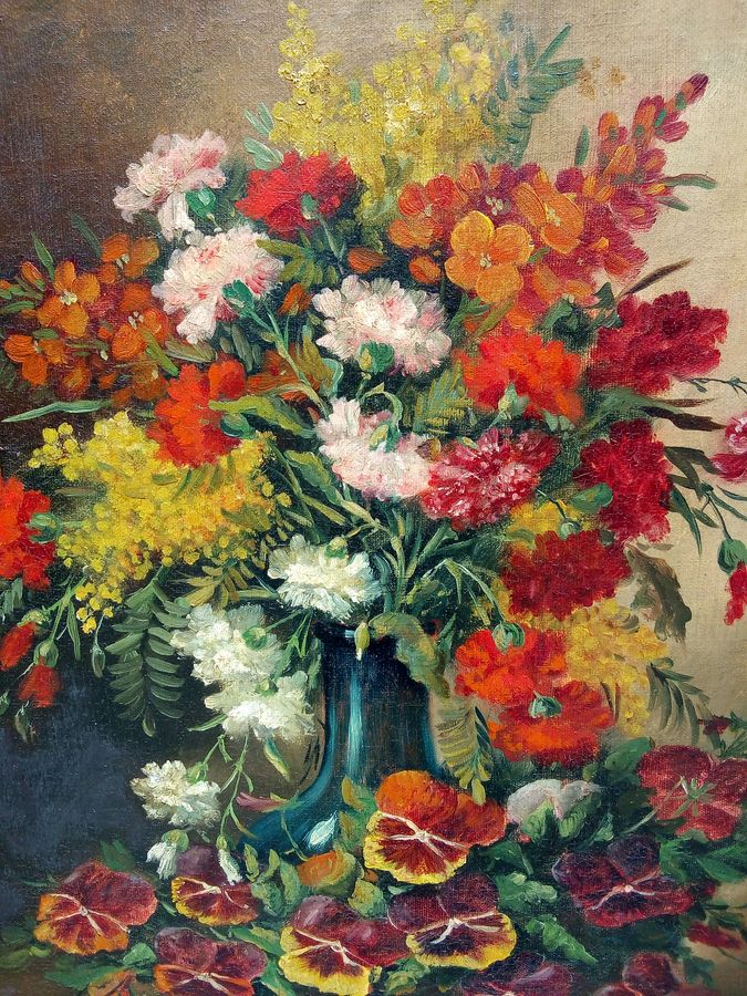 Antique Antique oil painting on canvas, bouquet of flowers, signed, 19th