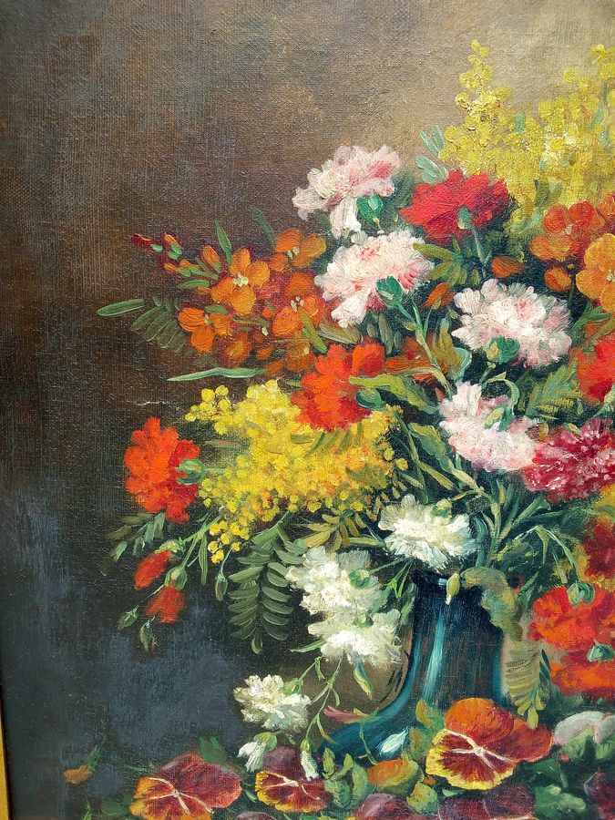 Antique Antique oil painting on canvas, bouquet of flowers, signed, 19th