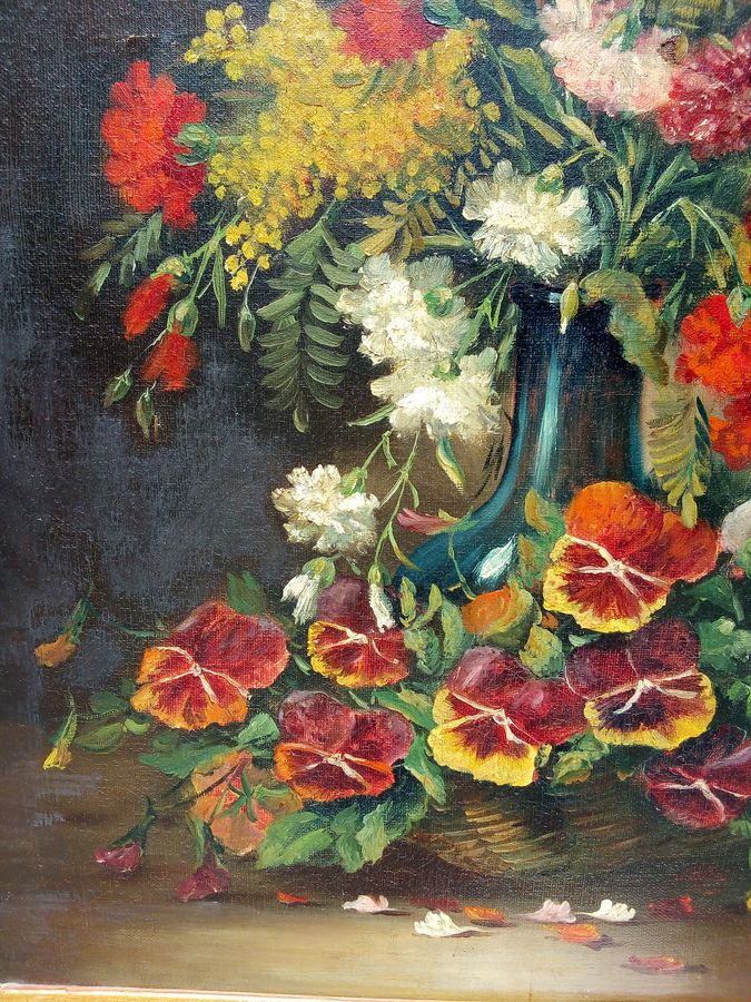 Antique Antique oil painting on canvas, bouquet of flowers, signed, 19th