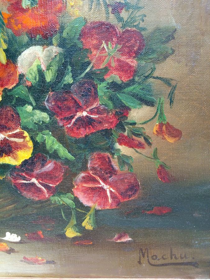 Antique Antique oil painting on canvas, bouquet of flowers, signed, 19th