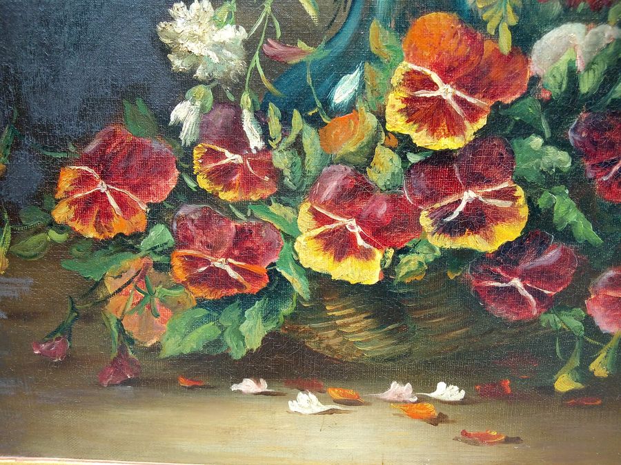 Antique Antique oil painting on canvas, bouquet of flowers, signed, 19th