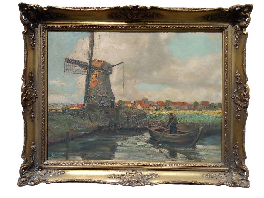 Large antique oil painting on canvas, signed, early 20th, beautiful original frame