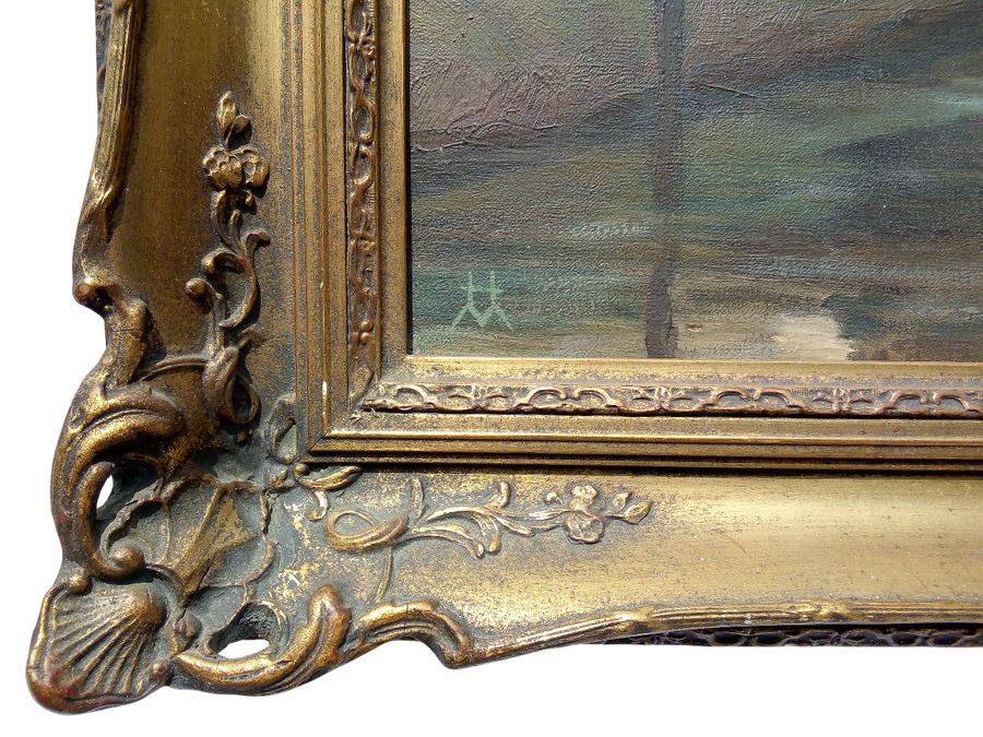 Antique Large antique oil painting on canvas, signed, early 20th, beautiful original frame