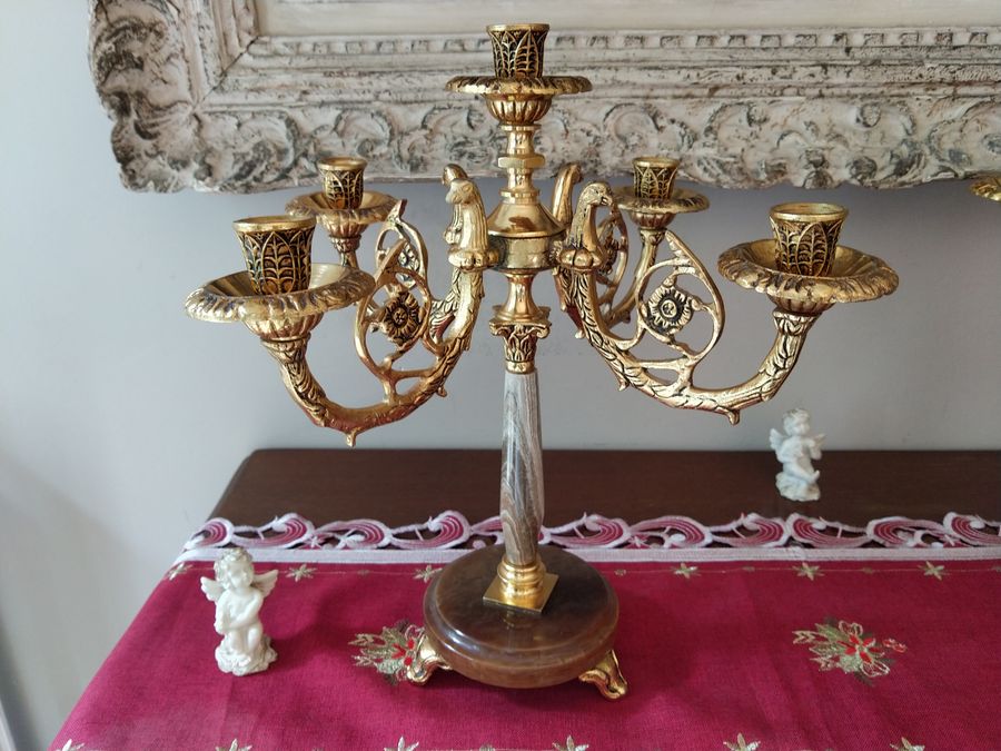 Antique Pair of candelabras in gilt bronze and onyx, style Restoration