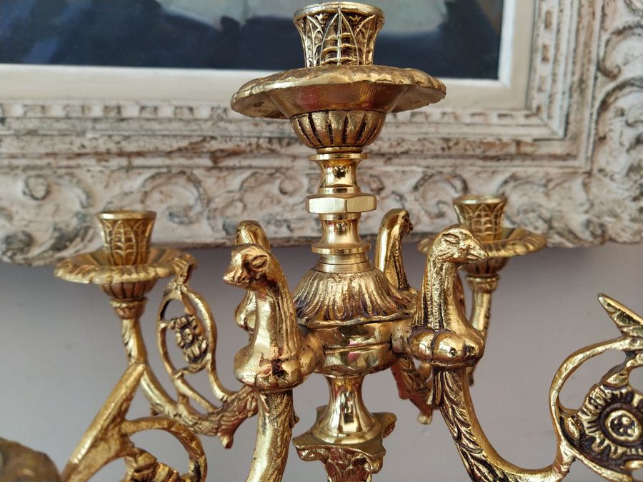 Antique Pair of candelabras in gilt bronze and onyx, style Restoration