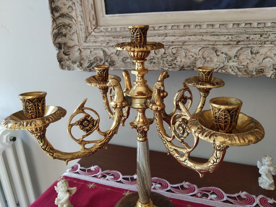 Antique Pair of candelabras in gilt bronze and onyx, style Restoration