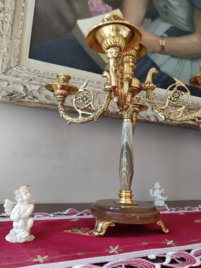 Antique Pair of candelabras in gilt bronze and onyx, style Restoration