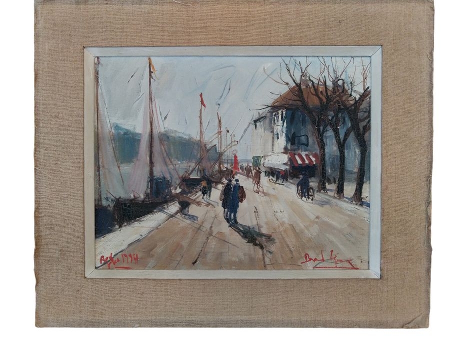 Oil painting on canvas signed, La Balade au Port, dated 19(54) probably located in Agde, France