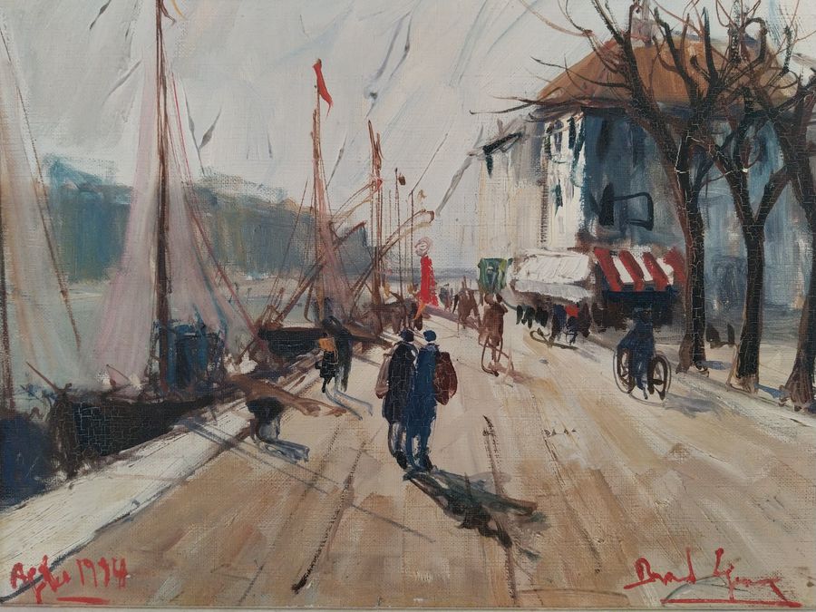 Antique Oil painting on canvas signed, La Balade au Port, dated 19(54) probably located in Agde, France