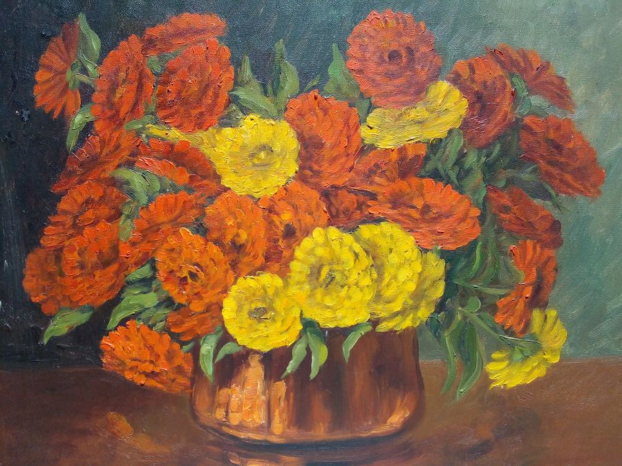 Antique Oil painting on canvas by Paul EHRETSMANN, bouquet of flowers, circa 1950