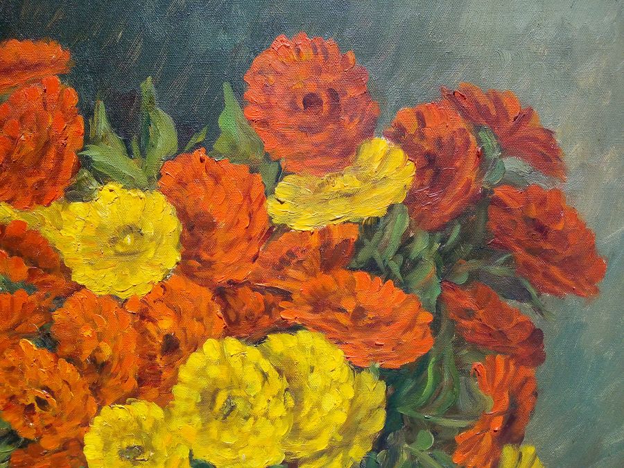 Antique Oil painting on canvas by Paul EHRETSMANN, bouquet of flowers, circa 1950