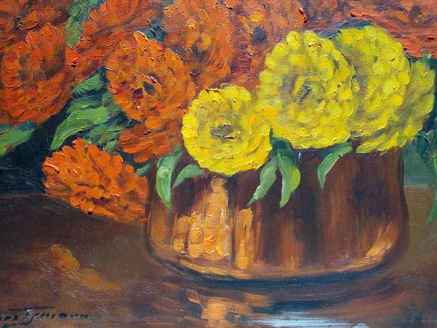 Antique Oil painting on canvas by Paul EHRETSMANN, bouquet of flowers, circa 1950