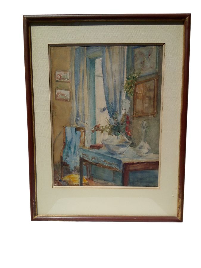 Watercolour on signed paper, intimate interior, second half of the 20th century