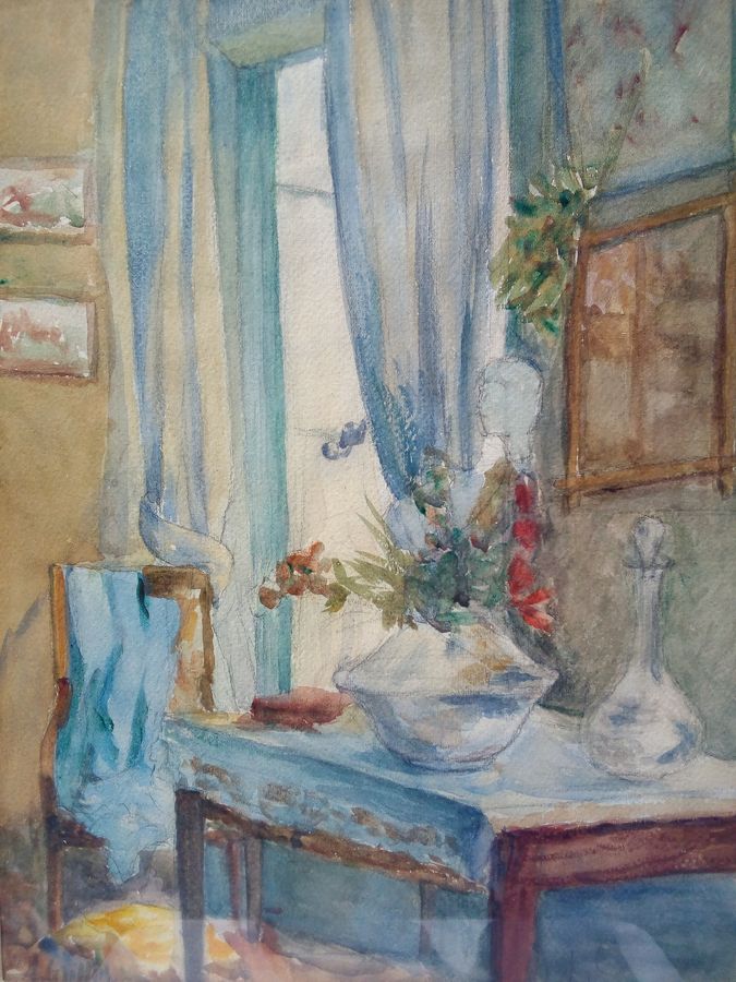 Antique Watercolour on signed paper, intimate interior, second half of the 20th century