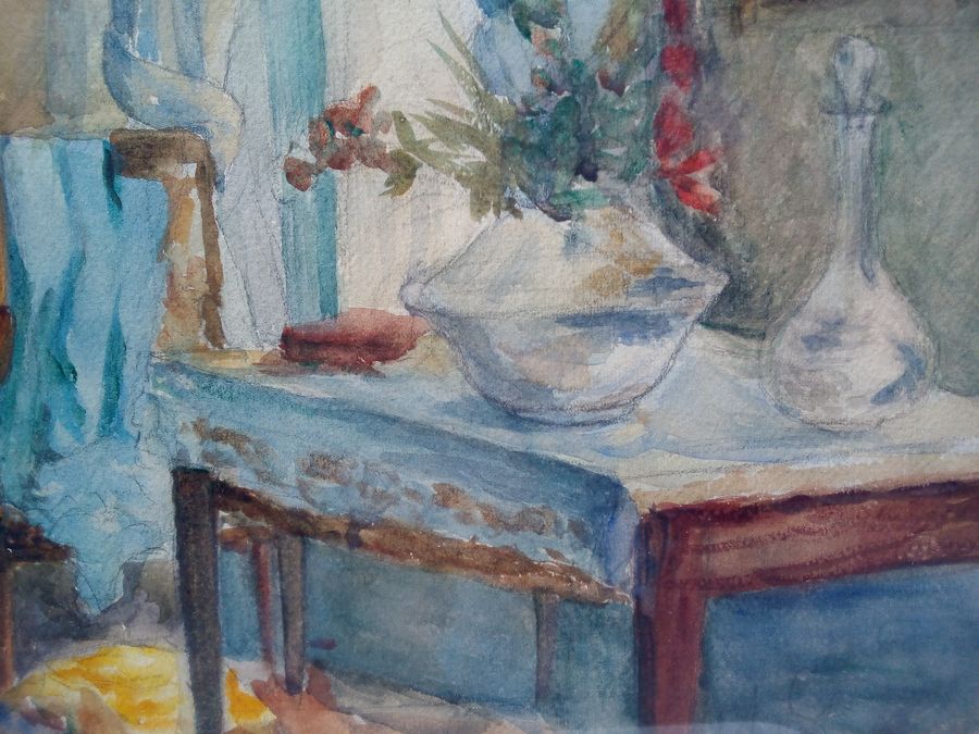 Antique Watercolour on signed paper, intimate interior, second half of the 20th century