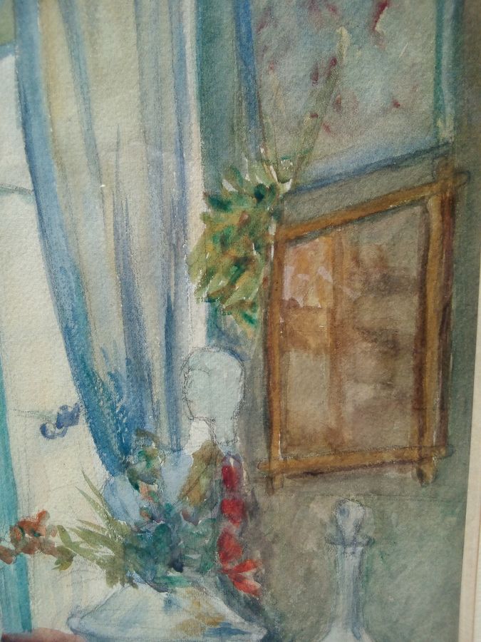 Antique Watercolour on signed paper, intimate interior, second half of the 20th century